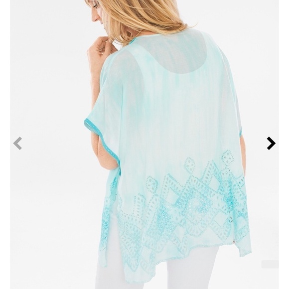 Chicos Aqua Dyed Lace-Detail Embroidered Hem Poncho Style Slouchy Tunic - Picture 2 of 11